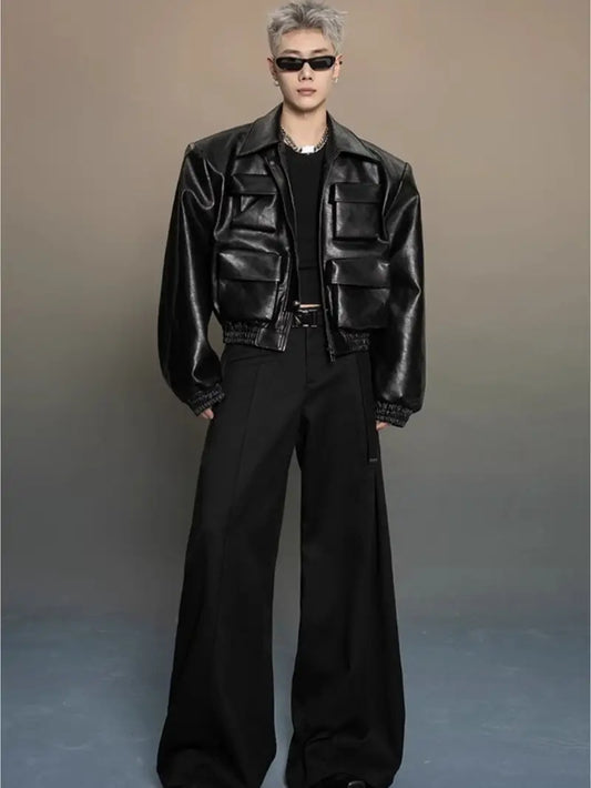 Men's Full-Zip Jacket with Multi-Pocket Design Black Loose Fit Casual Outerwear for Spring Autumn Mature Style