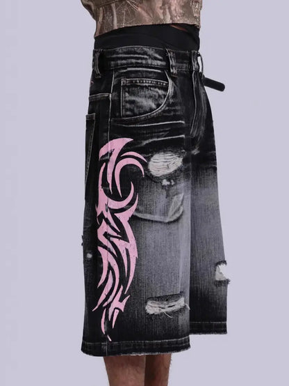 Unisex Wide-Leg Totem Print Pants – Distressed Vintage Design with Elastic Waist, Breathable Fabric for Spring & Summer Streetwear