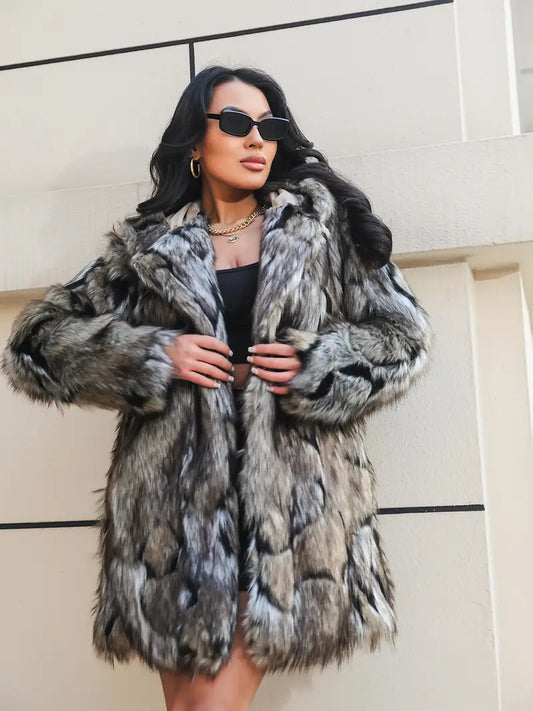 Women's Faux Fur Mid-Length Coat with Pockets Single-Breasted Button Front Regular Fit for Autumn Winter Casual