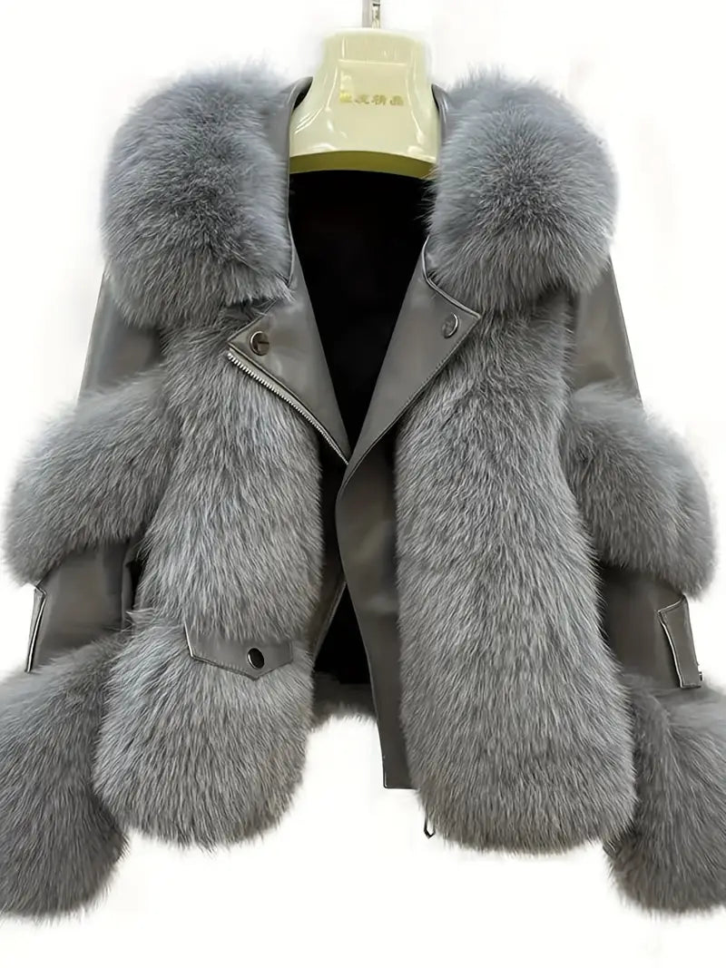 Women's Elegant Faux Fur Coat with Plush Collar Full-Length Winter Jacket Soft Lining Grey Black