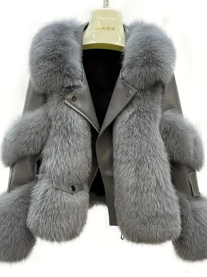 Women's Elegant Faux Fur Coat with Plush Collar Full-Length Winter Jacket Soft Lining Grey Black