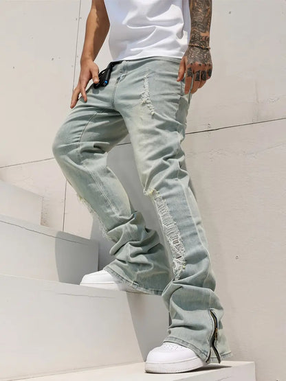 Men’s Flared Stretch Denim Jeans – Washed Blue Bell-Bottom Pants with Zipper Closure & Streetwear Fit