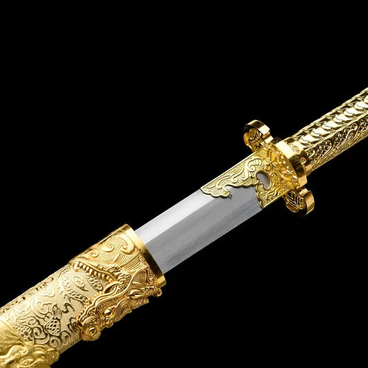 Handmade Golden Dragon Embroidery Sword – T10 Steel Blade, Cowhide Sheath, Decorative Collectible