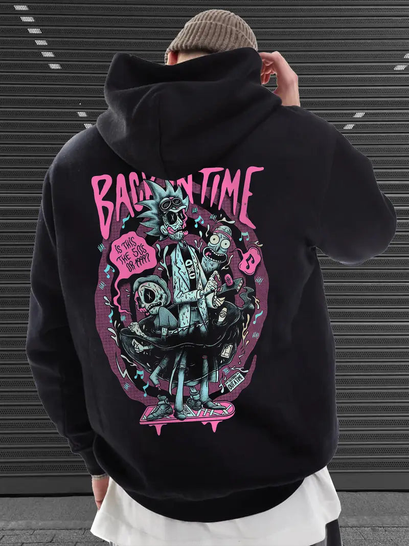 Men's Oversized Zip-Up Hoodie "BACKIN TIME" Print Cotton Blend Velvet Lined Streetwear Sweatshirt