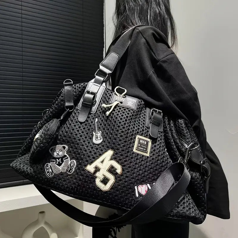 Women’s Fashionable Nylon Shoulder Bag – Large-Capacity Travel Tote with Coin Purse & Teddy Bear Print, Casual Vacation Handbag