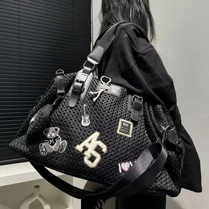 Women’s Fashionable Nylon Shoulder Bag – Large-Capacity Travel Tote with Coin Purse & Teddy Bear Print, Casual Vacation Handbag