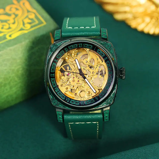 Teen Men’s Retro Mechanical Watch – Yellow-Green PU Belt, Hollow Carving Design, Night Light Feature, Battery-Free Zinc Alloy Case