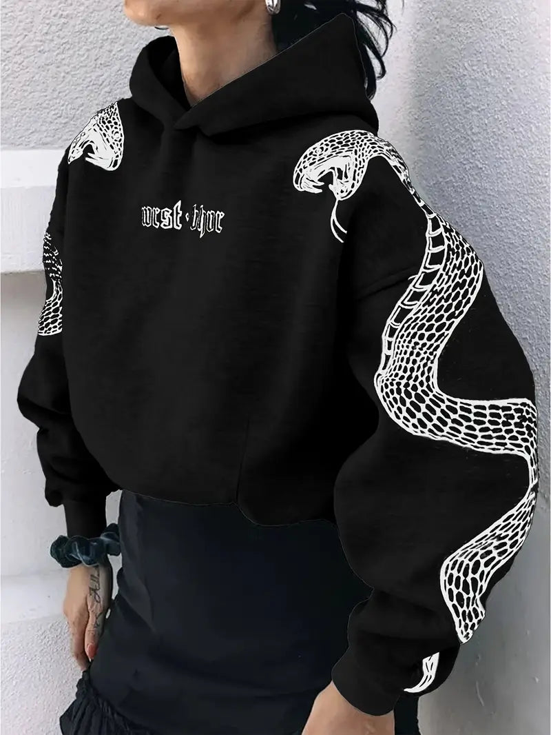 Women's Y2K Streetwear Hoodie with Snake Print Lettering Black Pullover Sweatshirt Gothic Style