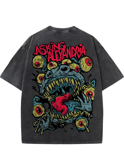 Men's Horror Graphic T-Shirt Distressed Black Cotton Loose Fit Short Sleeve ASKING Alexandria Print