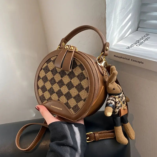 Women’s Elegant Coffee Brown Crossbody Bag – Large Capacity Shoulder Purse with Checkered Pattern, Golden Hardware & Oiled Edge Finish