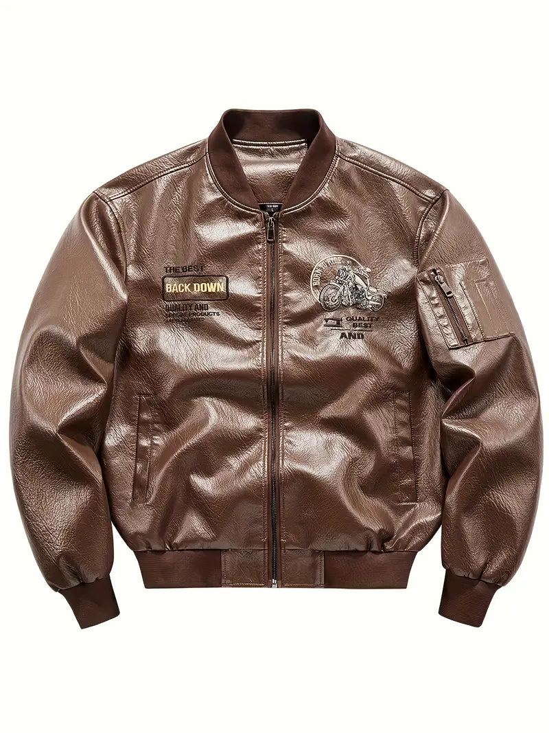 Men's Vintage Bomber Jacket PU Leather Zip-Up Baseball Collar with Patches Brown Glossy Outerwear Brown