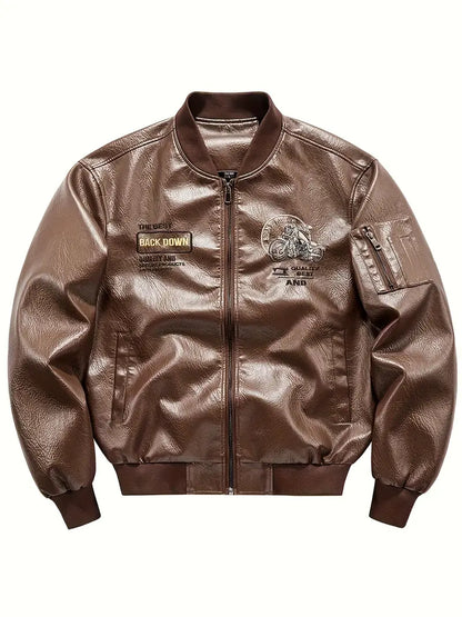 Men's Vintage Bomber Jacket PU Leather Zip-Up Baseball Collar with Patches Brown Glossy Outerwear Brown