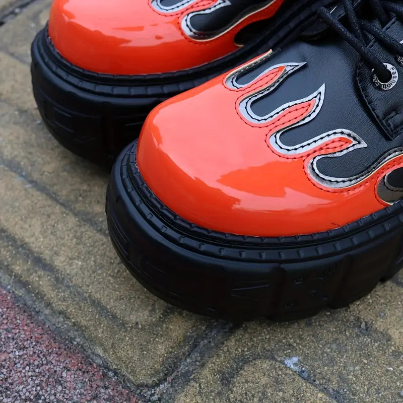 Women’s Gothic Punk Platform Sneakers – Flame Design Lace-Up Shoes with Thick Sole & PU Upper for Concerts, Streetwear & Themed Events