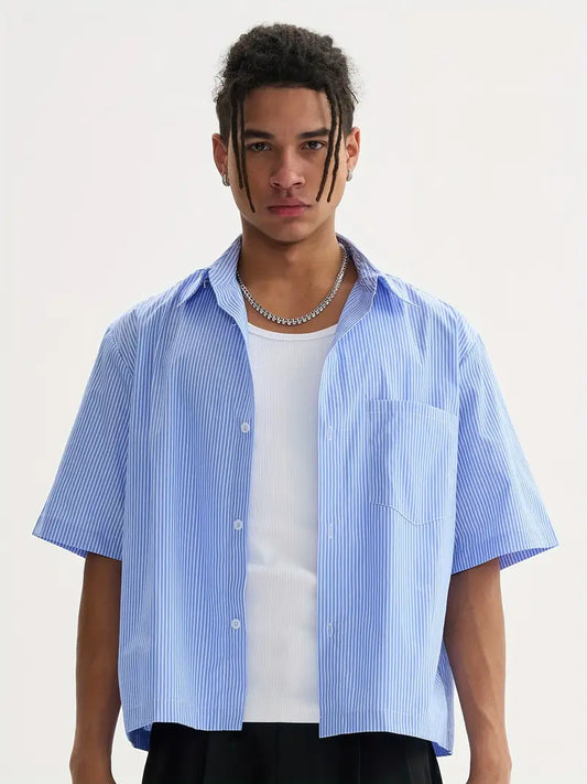Unisex Casual Striped Shirt Oversized Short Sleeve Button-Up with Chest Pocket Lightweight Polyester