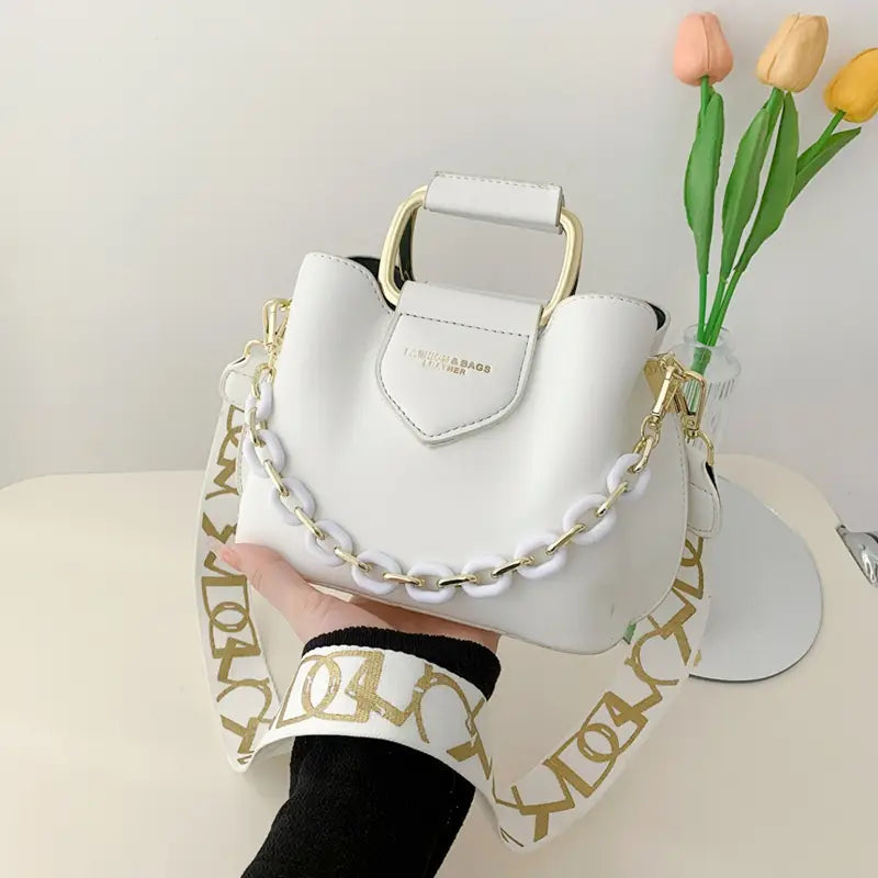 Women’s Convertible Crossbody Clutch – Elegant PU Shoulder Bag with Golden-Tone Hardware, Chain-Link Strap & Buckle Closure for Everyday & Formal Wear