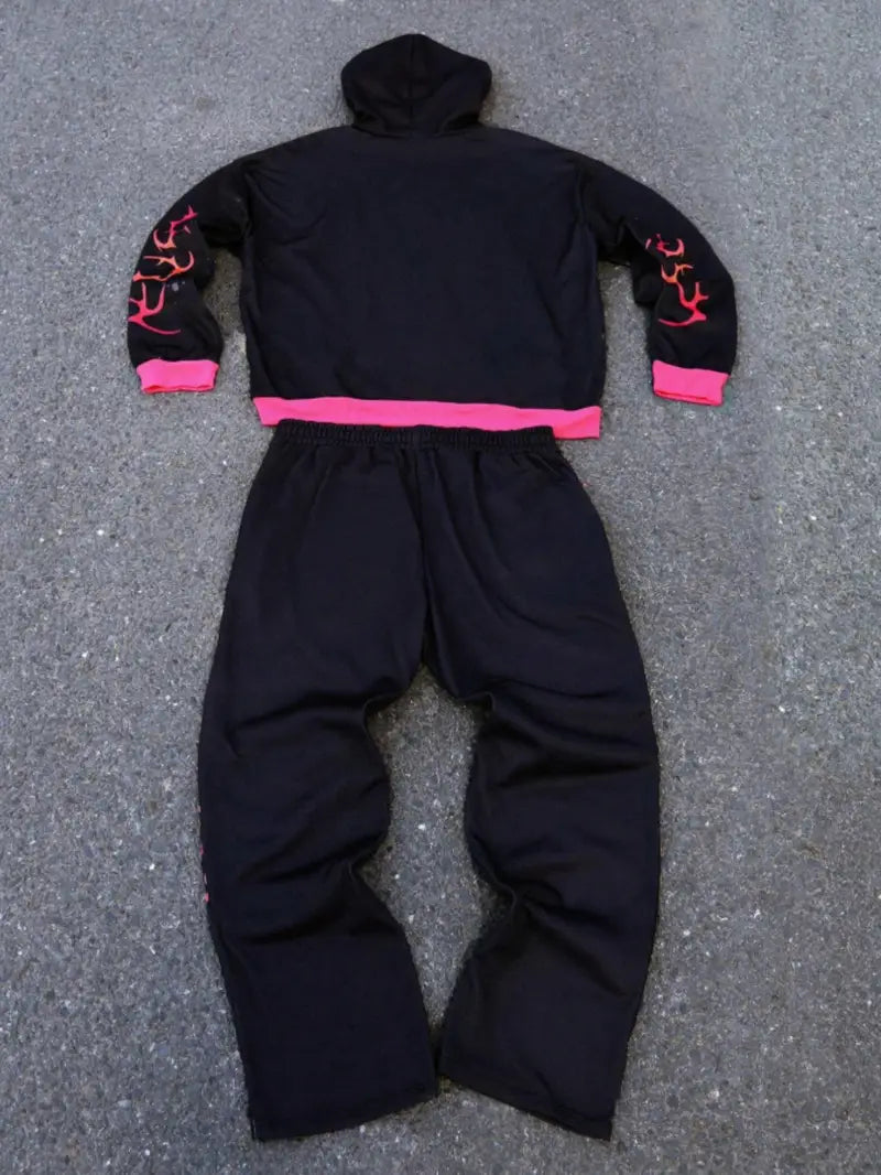 Men’s Dark Style Hoodie Set – Starry Thorn Letter Print Sweatshirt & Flared Pants for Streetwear