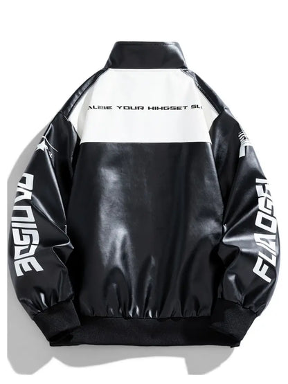Men's Zip-Up Motorcycle Jacket with Color Block Design Stand Collar Multiple Pockets Casual Winter Outerwear