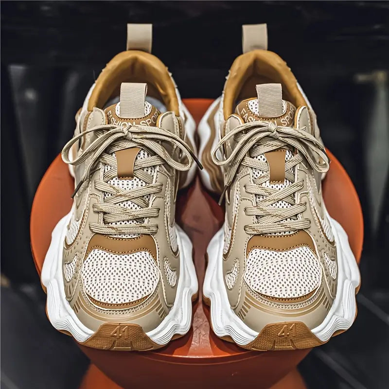 Men’s Retro Running Sneakers – Geometric Wave Sole, Breathable Mesh Upper