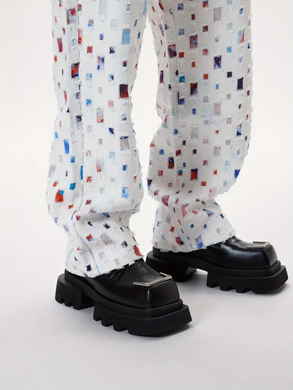 Men’s Baggy White Jeans – Y2K Skateboard Style Straight-Leg Denim with Floral Lattice Print