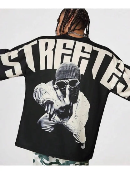 Men's Oversized Street Graphic T-Shirt Bold "STREETS" Print Polyester Cotton Blend Short Sleeve Urban Tee