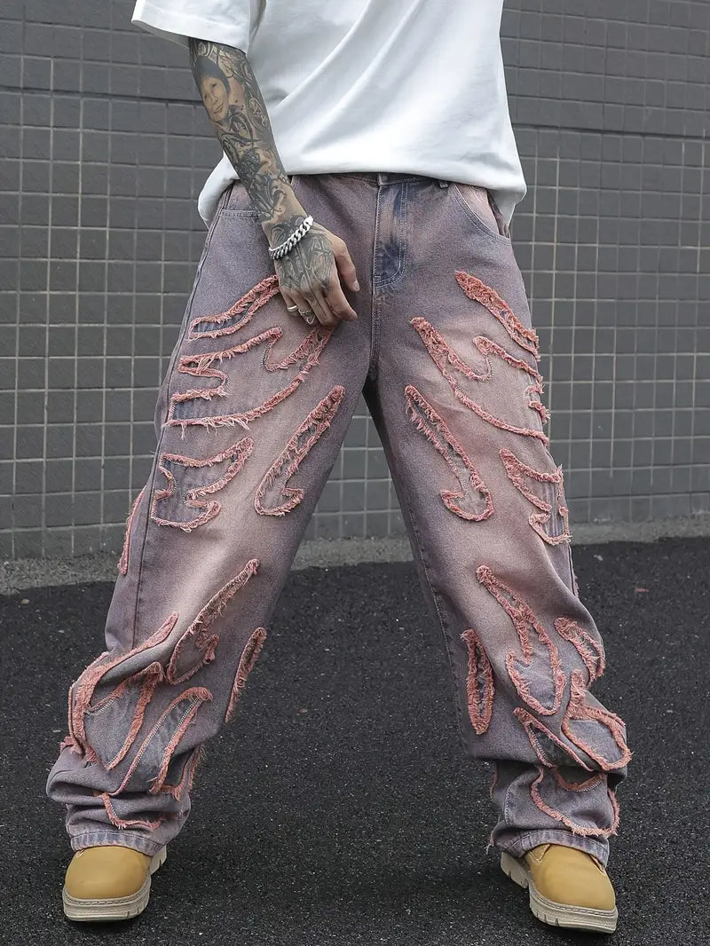 Men’s Vintage American Streetwear Loose-Fit Jeans – Frayed Hem, Gradient Wash, Wide-Leg