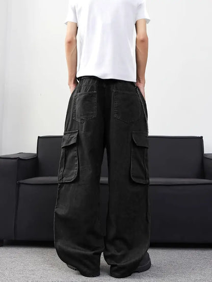 Men’s Solid Baggy Jeans – Black Loose Fit Cargo Pants with Pockets, Y2K Streetwear Style