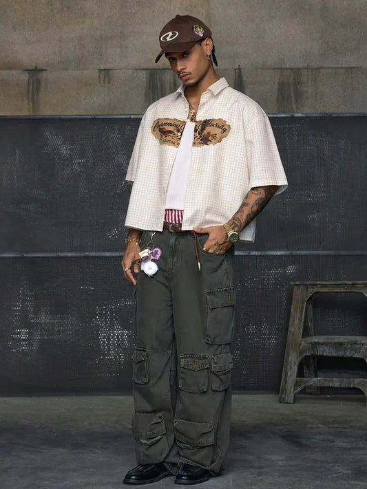 Men's Retro Plaid Print Shirt Short Sleeve Loose Fit Button-Up Woven Fabric for Summer Streetwear