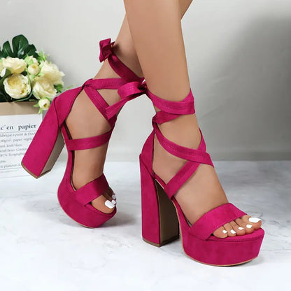 GLAZE Women’s Chunky Block Heel Sandals – Adjustable Lace-Up Crisscross Straps, Thick Platform Design with PU Synthetic Cover for Weddings, Parties & Summer Events