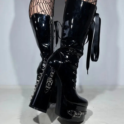 Goth Chunky Platform Knee-High Boots – Black Patent with Rivets, Satin Lace-Up, Y2K Punk Style for  & Women