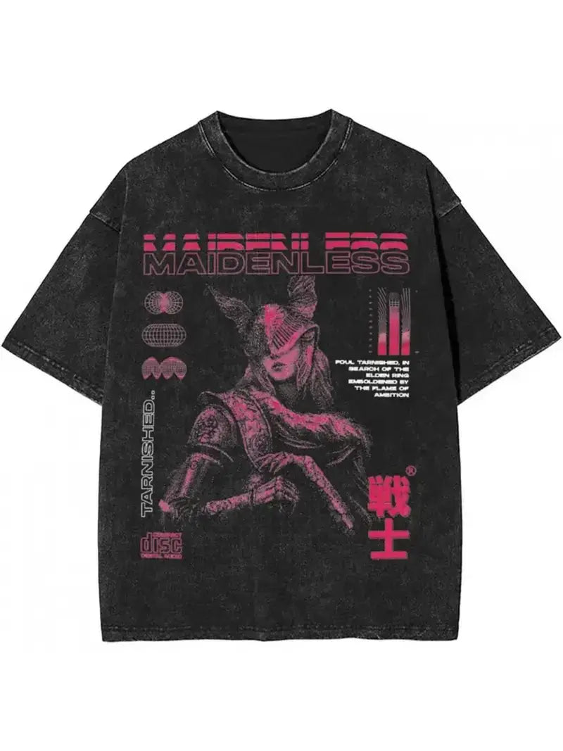 Men's Malinia Micuela Blade Print T-Shirt 230g Washed Cotton Loose Fit Short Sleeve Futuristic Graphic Tee