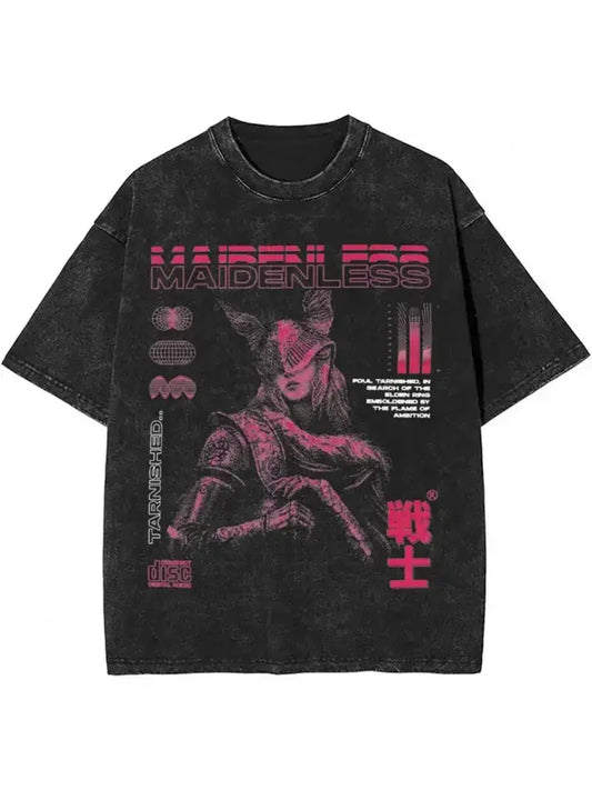 Men's Malinia Micuela Blade Print T-Shirt 230g Washed Cotton Loose Fit Short Sleeve Futuristic Graphic Tee