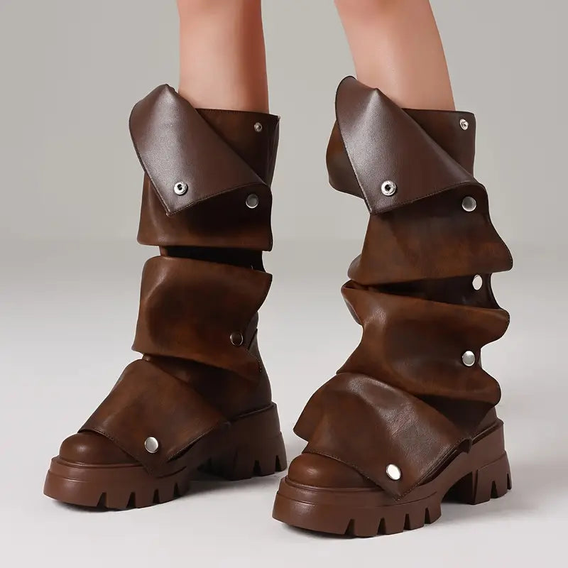 Women’s Chunky Platform Mid-Calf Boots – Punk Style Pull-On Design with Non-Slip Rubber Sole & Glossy PU Cover