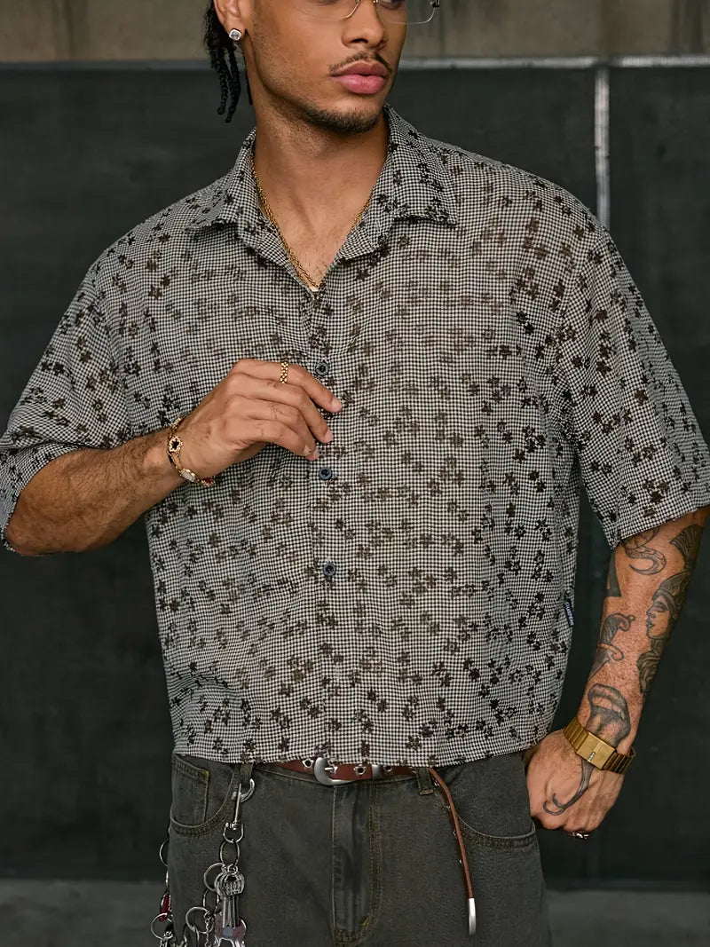 Men's Floral Print Short Sleeve Button-Up Shirt Loose Fit White Collar Brown Accents Summer