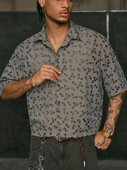 Men's Floral Print Short Sleeve Button-Up Shirt Loose Fit White Collar Brown Accents Summer