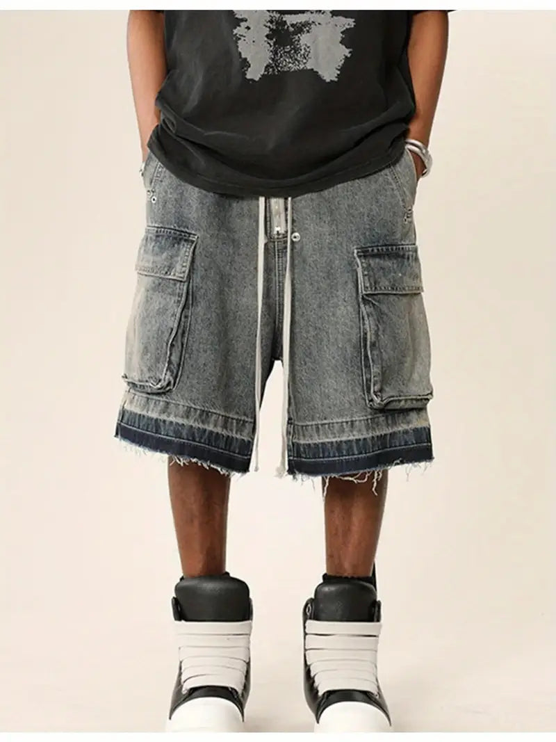 Men’s Y2K Goth Cargo Shorts – Baggy Denim Knee-Length with Multi-Pocket Streetwear Style