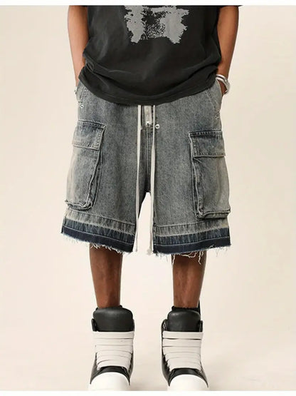 Men’s Y2K Goth Cargo Shorts – Baggy Denim Knee-Length with Multi-Pocket Streetwear Style