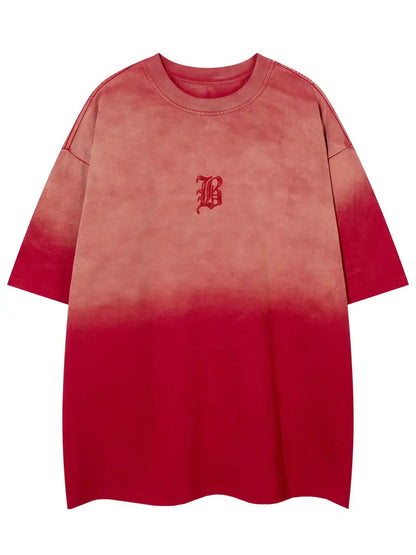 Men's Tie-Dye Gradient T-Shirt Short Sleeve Letter Embroidery Loose Fit Cotton Round Neck Summer Streetwear