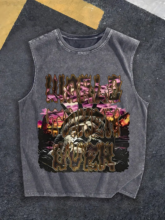 Men’s Washed Cotton Sleeveless Vest – Statue of Liberty & NYC Skyline Print, 230GSM Relaxed Fit Tank Top