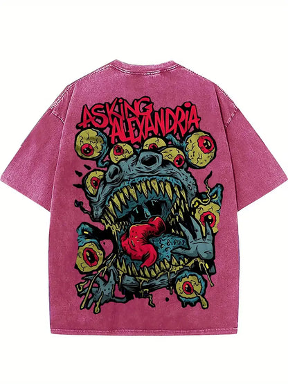 Men's Horror Graphic T-Shirt Distressed Black Cotton Loose Fit Short Sleeve ASKING Alexandria Print