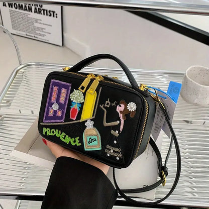 Women’s Retro Cartoon Shoulder Bag – Faux Leather Crossbody Purse with Floral Print