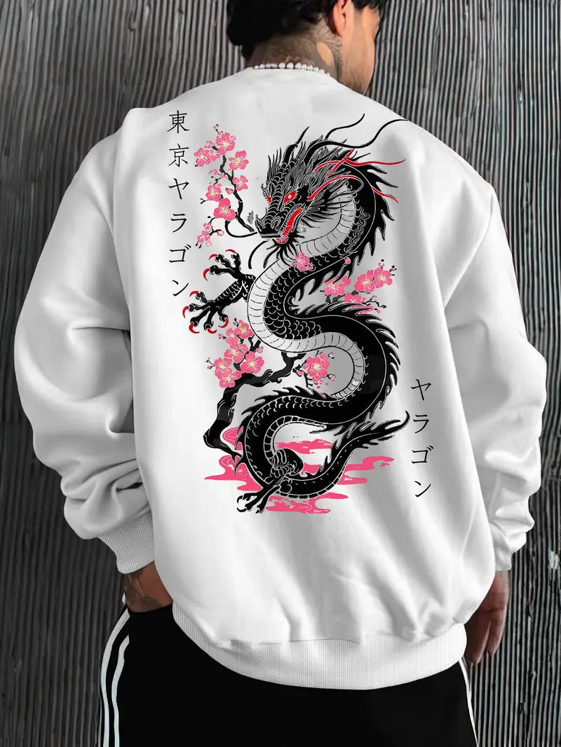 Men's Japanese Dragon Sweatshirt – Black Pink Pullover, Anime Streetwear, Fall Winter Casual Fashion
