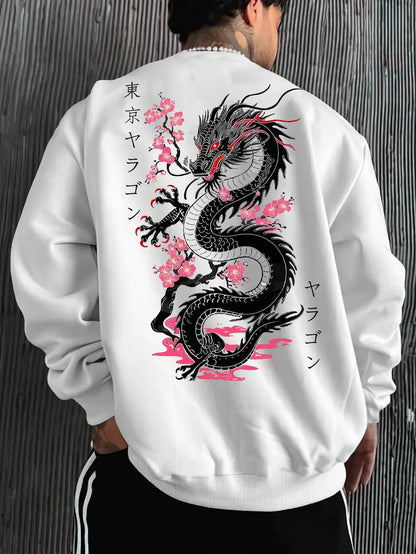Men's Japanese Dragon Sweatshirt – Black Pink Pullover, Anime Streetwear, Fall Winter Casual Fashion