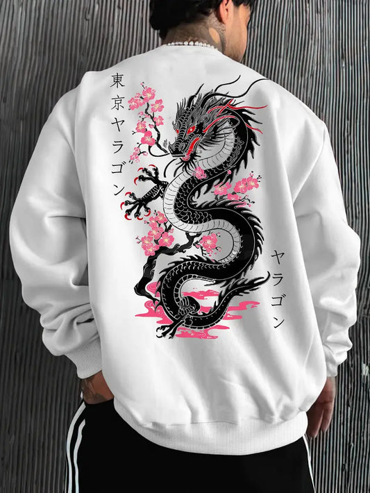 Men's Japanese Dragon Sweatshirt – Black Pink Pullover, Anime Streetwear, Fall Winter Casual Fashion