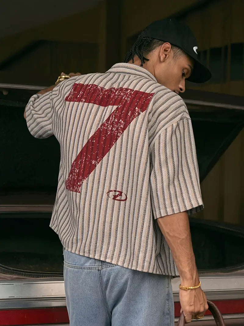 Men's Color Block Shirt Loose Fit Button-Up Non-Stretch Woven Fabric Beige Gray Red Striped Casual Top