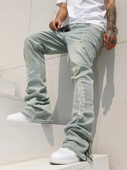 Men’s Flared Stretch Denim Jeans – Washed Blue Bell-Bottom Pants with Zipper Closure & Streetwear Fit