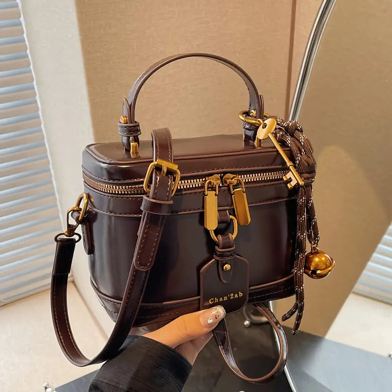 Elegant Vintage Women’s Crossbody Bag – Brown PU Leather Handbag with Bell Pendant, Adjustable Strap & Zipper Closure