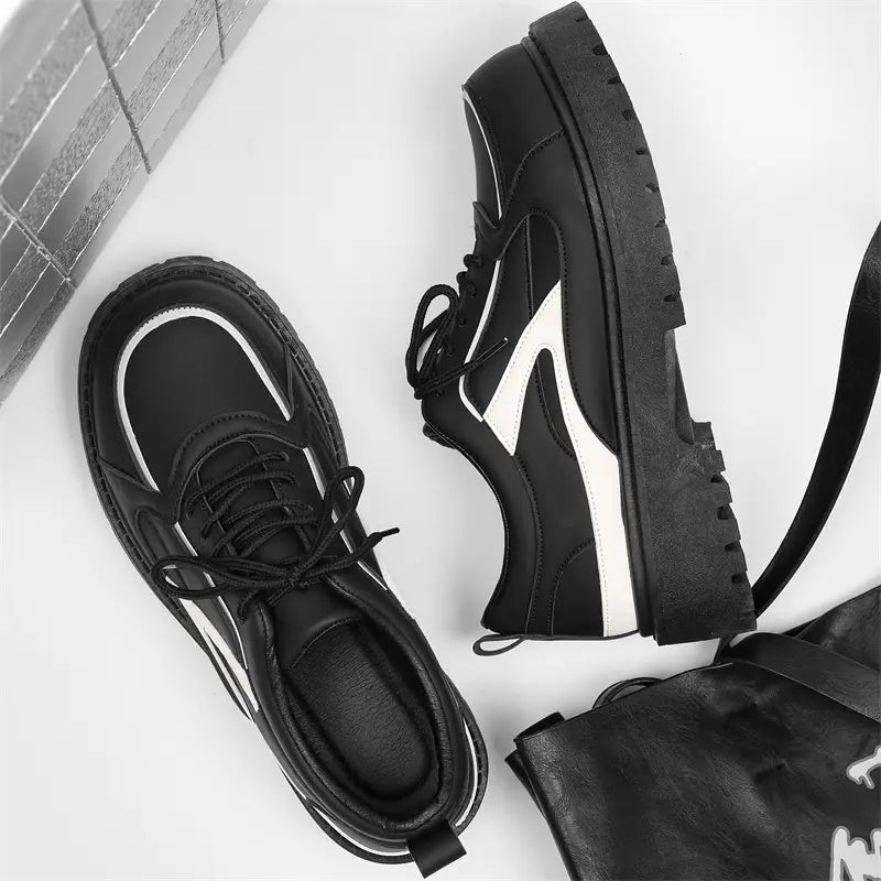 Men’s Korean Streetwear Lace-Up Shoes – Low-Top PU Upper, Slip-Resistant Rubber Sole