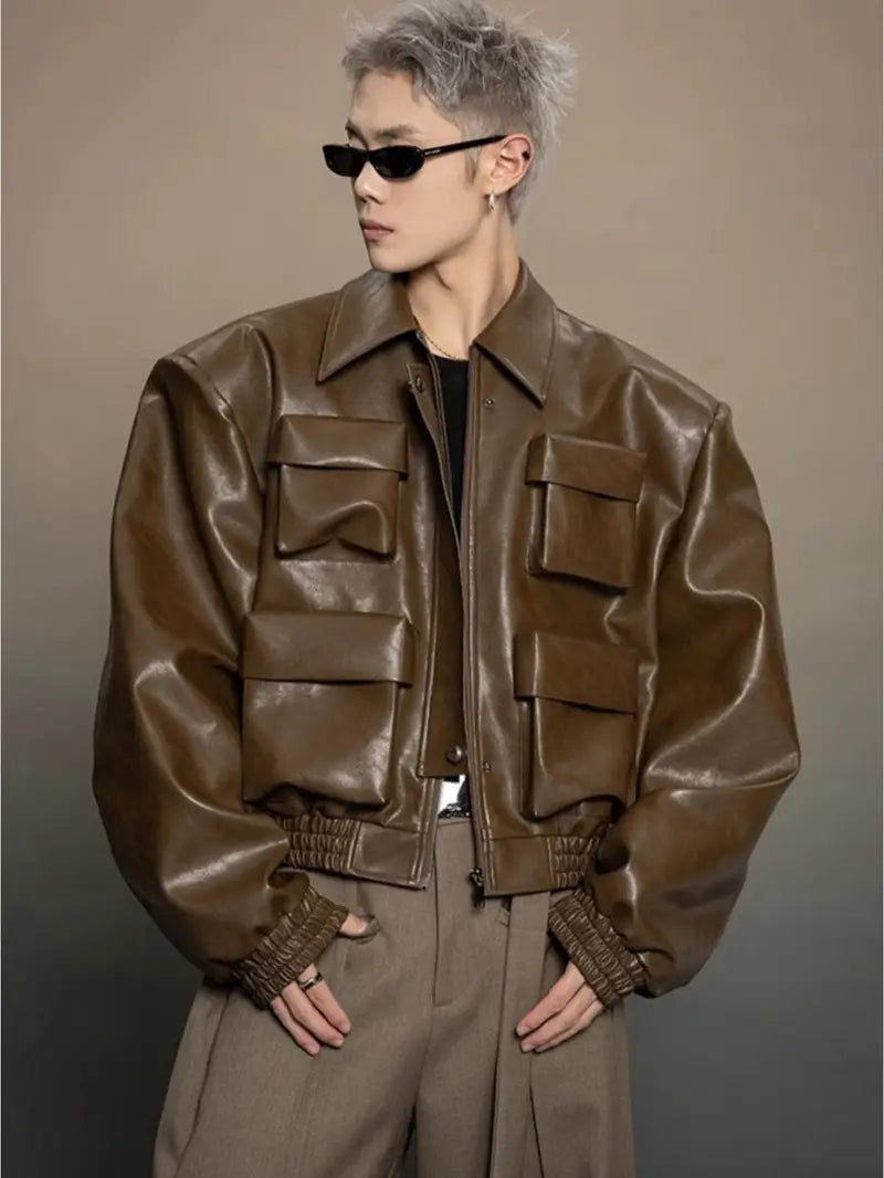 Men's Full-Zip Jacket with Multi-Pocket Design Black Loose Fit Casual Outerwear for Spring Autumn Mature Style