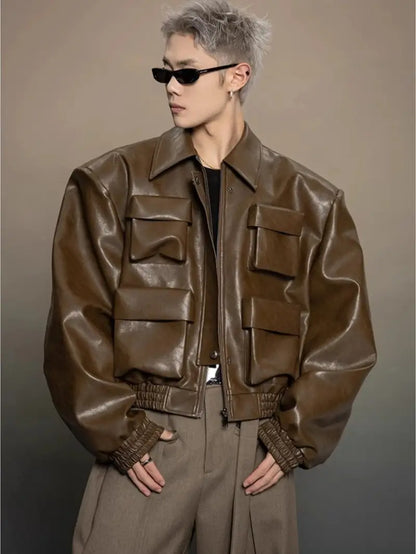 Men's Full-Zip Jacket with Multi-Pocket Design Black Loose Fit Casual Outerwear for Spring Autumn Mature Style