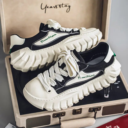 Men’s Stylish White & Black Platform Sneakers – Chunky Sole, Breathable Fabric Upper, Lace-Up Low-Top Design